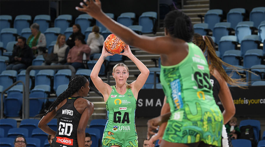 Sasha Glasgow of West Coast Fever in action during the Round 6 Super Netball match between the Collingwood Magpies and the West Coast Fever Ken Rosewall Arena in Sydney, Saturday, June 5, 2021. 