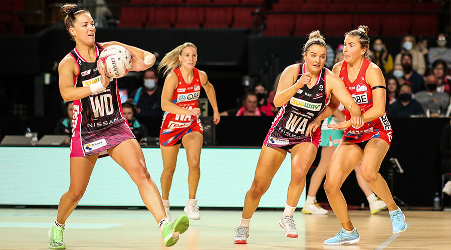 Shadine Van Der Merwe of the Thunderbirds passes the ball during the Round 7 Super Netball match between Adelaide Thunderbirds and NSW Swifts at Adelaide Entertainment Centre in Adelaide, Saturday, June 12, 2021.
