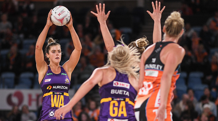 Lara Dunkley of the Firebirds in action during the Round 3 Super Netball match between the GWS Giants and the Queensland Firebirds at Ken Rosewall Arena in Sydney, Sunday, May 16, 2021. 