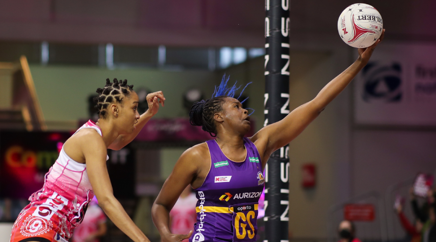 Shamera Sterling of the Thunderbirds clashes with Romelda Aiken of the Firebirds during the Round 10 Super Netball match between the Adelaide Thunderbirds and Queensland Firebirds at Netball SA Stadium in Adelaide, Sunday, July 11, 2021.