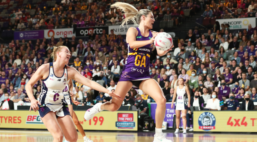 Gretel Bueta of the Firebirds in action with Kim Ravaillion of the Firebirds during the Round 11 Super Netball match between the Queensland Firebirds and Sunshine Coast Lightning at Nissan Arena, Brisbane, Monday , July 19, 2021.