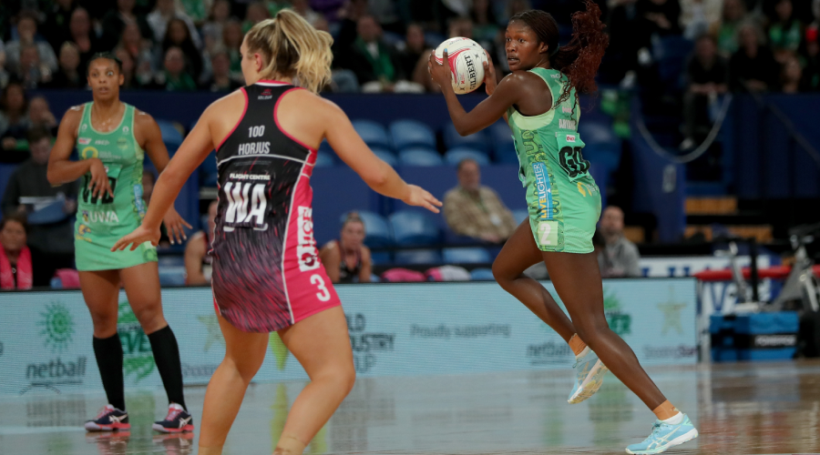 Sunday Aryang of the Fever in action during the Super Netball Round 11 match between West Coast Fever and Adelaide Thunderbirds at RAC Arena, Saturday, July 17, 2021.
