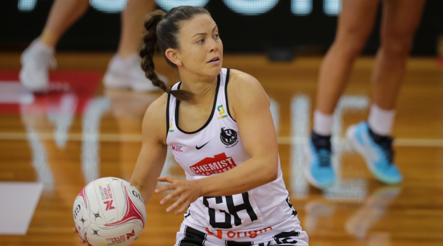 Gabrielle Sinclair of the Magpies during the Super Netball Round 11 match between Melbourne Vixens and Collingwood Magpies at Netball SA Stadium in Adelaide, Saturday, July 17, 2021.