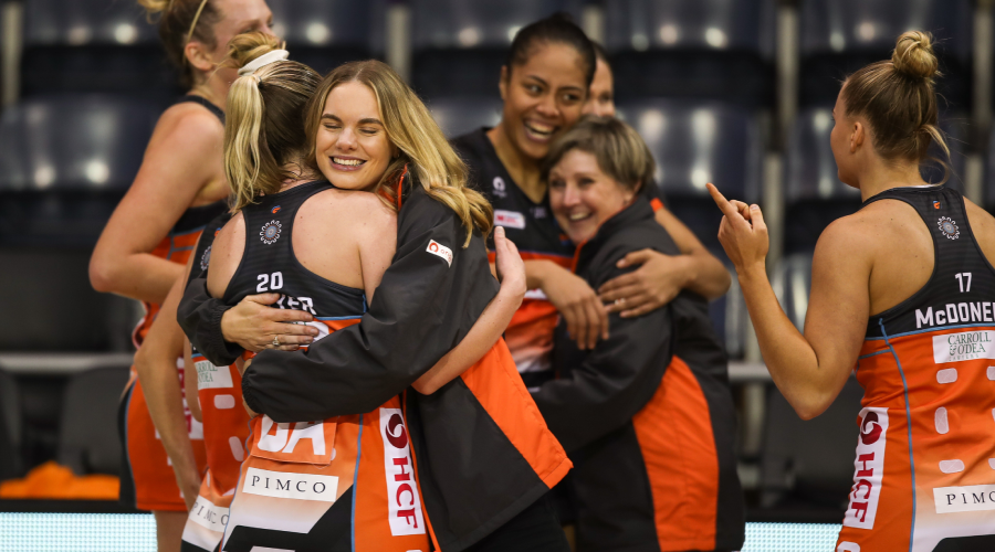 Giants celebrate victory during the Super Netball Round 11 match between NSW Swifts and GWS Giants at Netball SA Stadium in Adelaide, Saturday, July 17, 2021.