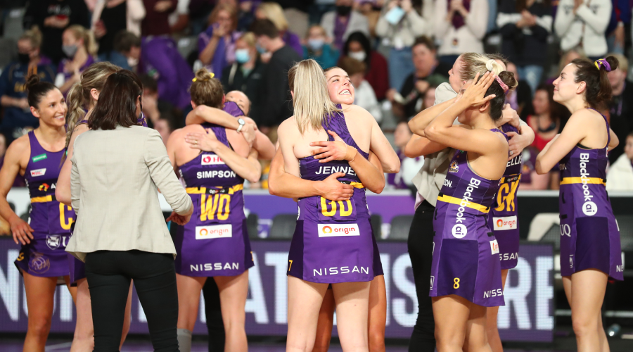 Firebirds players celebrate their win during the Round 11 Super Netball match between the Queensland Firebirds and Sunshine Coast Lightning at Nissan Arena, Brisbane, Monday , July 19, 2021.