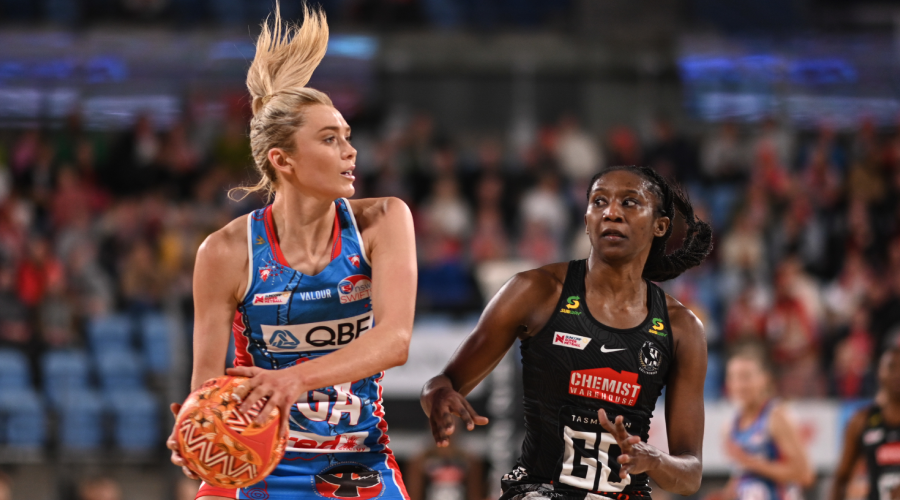 Helen Housby of the Swifts and Jodi-Ann Ward of the Magpies in action during the Round 5 Super Netball match between the NSW Swifts and Collingwood Magpies at Ken Rosewall Arena in Sydney, Sunday, May 30, 2021. 