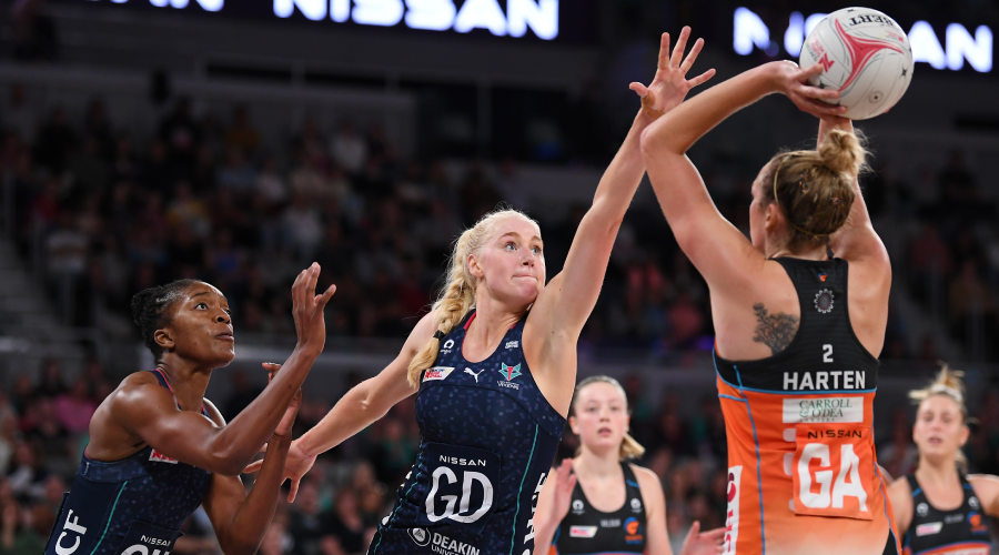 Jo Weston of the Vixens (centre) in action during the Round 4 Super Netball match between the Melbourne Vixens and GWS Giants at John Cain Arena in Melbourne, Sunday, May 23, 2021.
