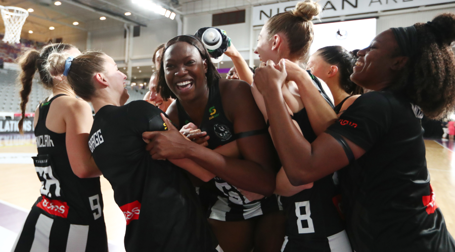 Shimona Nelson of the Magpies is congratulated by team mates during the Round 12 Super Netball match between the Collingwood Magpies and NSW Swifts at Nissan Arena, Brisbane, Tuesday , July 27, 2021.