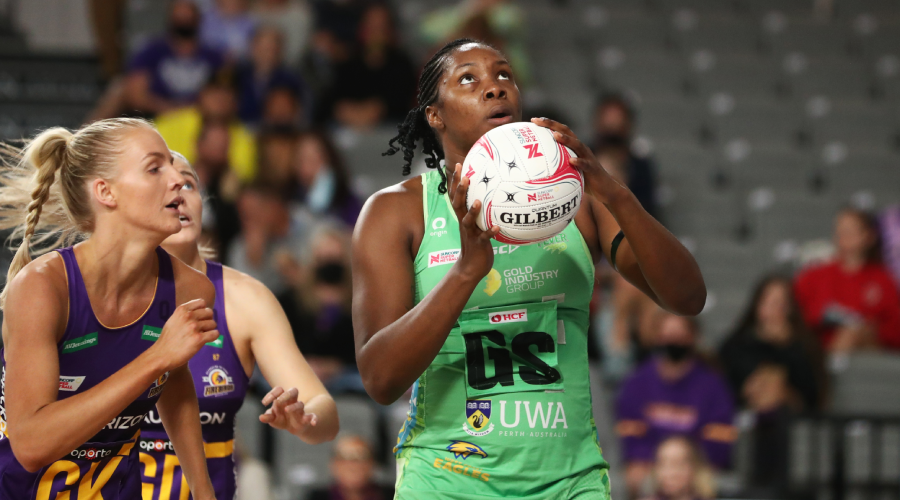 Jhaniele Fowler of the Fever in action during the Round 12 Super Netball match between the West Coast Fever and Queensland Firebirds at Nissan Arena, Brisbane, Tuesday, July 27, 2021. 