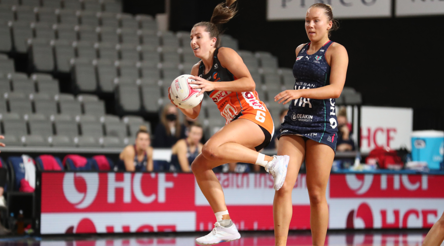 Amy Parmenter of the Giants in action during the Round 12 Super Netball match between the GWS Giants and Melbourne Vixens at Nissan Arena, Brisbane, Wednesday , July 28, 2021. 