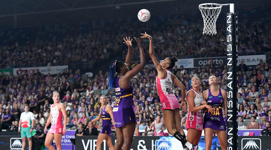 Romelda Aiken of the Firebirds shoots during the Round 2 Super Netball match between the Queensland Firebirds and Adelaide Thunderbirds at Nissan Arena in Brisbane, Sunday, May 9, 2021.