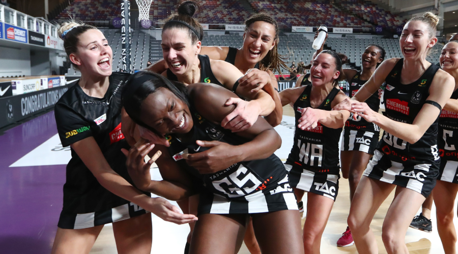 Shimona Nelson of the Magpies is congratulated by team mates during the Round 12 Super Netball match between the Collingwood Magpies and NSW Swifts at Nissan Arena, Brisbane, Tuesday , July 27, 2021
