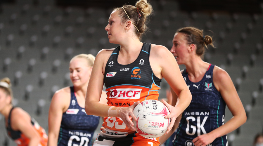 Jo Harten of the Giants in action during the Round 12 Super Netball match between the GWS Giants and Melbourne Vixens at Nissan Arena, Brisbane, Wednesday , July 28, 2021.