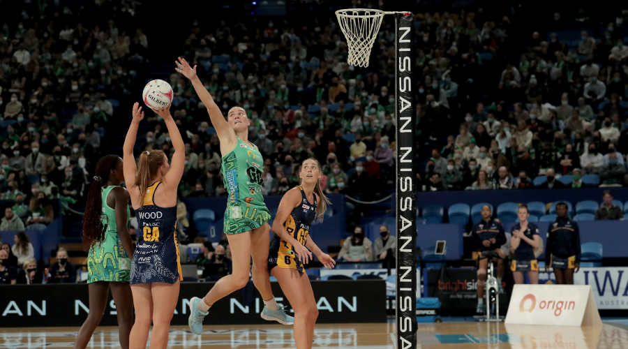 Courtney Bruce of the Fever defends against Steph Wood of the Lightning during the Super Netball Round 10 match between West Coast Fever and Sunshine Coast Lightning at RAC Arena in Perth, Saturday, July 10, 2021.
