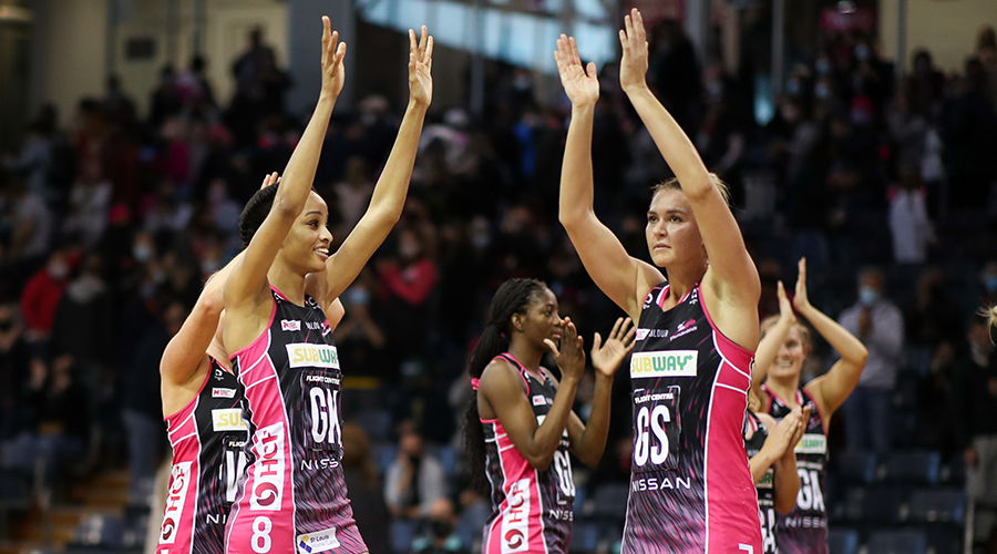 Shamera Sterling and Lenize Potgieter of the Thunderbirds acknowledge the crowd after victory during the Round 9 Super Netball match between the Adelaide Thunderbirds and Collingwood Magpies at Netball SA Stadium in Adelaide, Sunday, July 4, 2021.