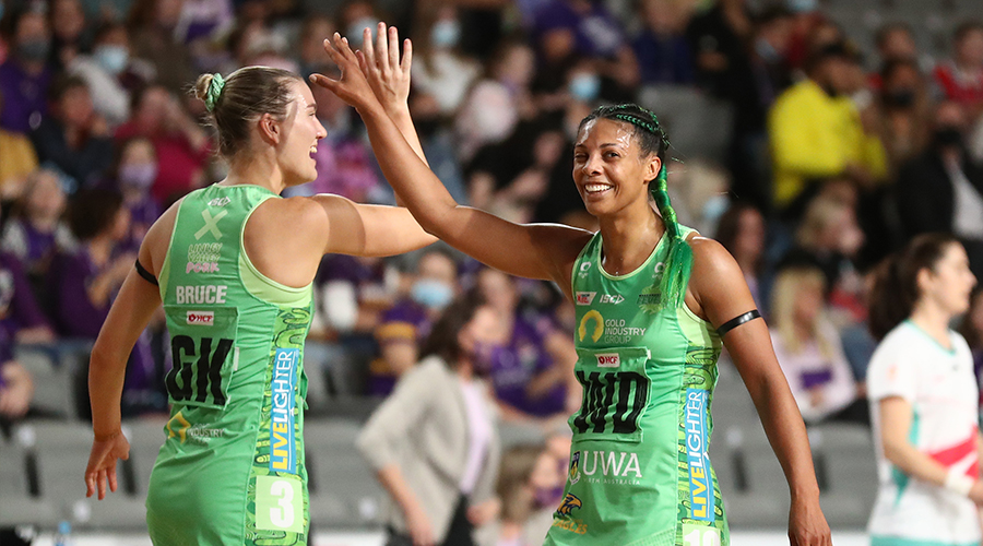 Stacey Francis of the Fever reacts during the Round 12 Super Netball match between the West Coast Fever and Queensland Firebirds at Nissan Arena, Brisbane, Tuesday, July 27, 2021.