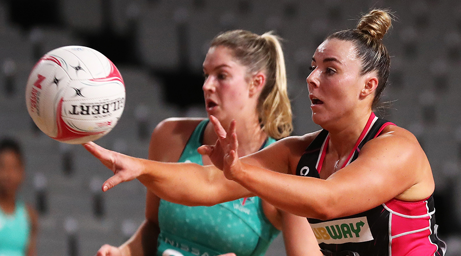 Elle McDonald of the Thunderbirds in action during the Super Netball Round 13 match between Adelaide Thunderbirds and Melbourne Vixens at Nissan Arena in Brisbane, Monday, August 2, 2021.