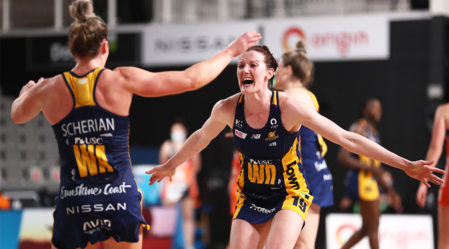 Kate Shimmin of the Lightning reacts with team mates after victory during the Round 13 Super Netball match between the Sunshine Coast Lightning and GWS Giants, at Nissan Arena, Brisbane, Tuesday, August 3, 2021.