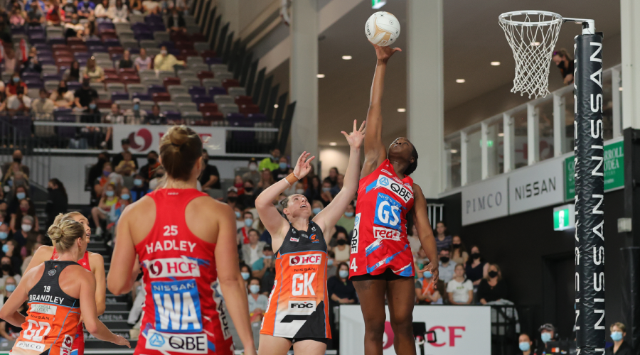 Swifts Sam Wallace leaps high during the Super Netball Grand Final match between GIANTS Netball and NSW Swifts at Nissan Arena in Brisbane, Saturday, August 28, 2021.