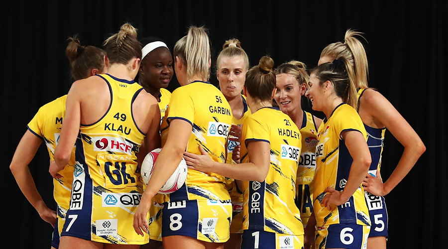 Swifts form a huddle during the Super Netball Round 14 match between NSW Swifts and Sunshine Coast Lightning at Nissan Arena in Brisbane, Saturday , August 7, 2021.