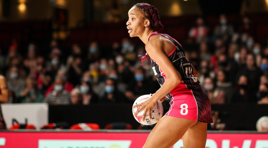 Shamera Sterling of the Thunderbirds during the Round 7 Super Netball match between Adelaide Thunderbirds and NSW Swifts at Adelaide Entertainment Centre in Adelaide, Saturday, June 12, 2021.