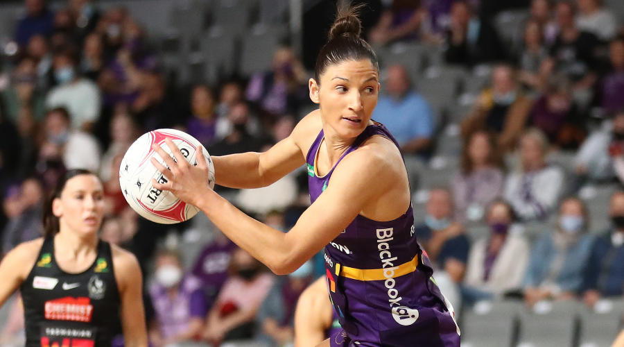 Kim Ravaillion of the Firebirds in action during the Round 13 Super Netball match between the Queensland Firebirds and Collingwood Magpies at Nissan Arena, Brisbane, Thursday , July 29, 2021