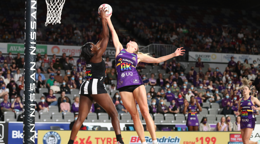 Shimona Nelson of the Magpies in action with Rudi Ellis of the Firebirds during the Round 13 Super Netball match between the Queensland Firebirds and Collingwood Magpies at Nissan Arena, Brisbane, Thursday , July 29, 2021