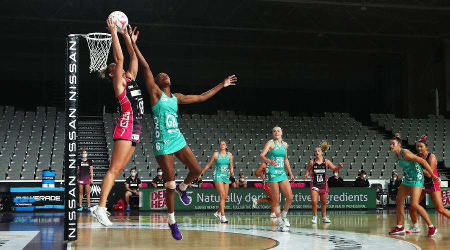 General view of the action with no crowd during the Super Netball Round 13 match between Adelaide Thunderbirds and Melbourne Vixens at Nissan Arena in Brisbane, Monday, August 2, 2021.