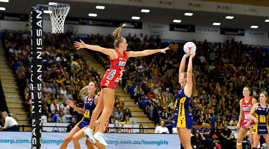 Stephanie Wood of the Lightning shoots during the Round 4 Super Netball match between the Sunshine Coast Lightning and NSW Swifts at USC Stadium on the Sunshine Coast, Sunday, May 23, 2021.