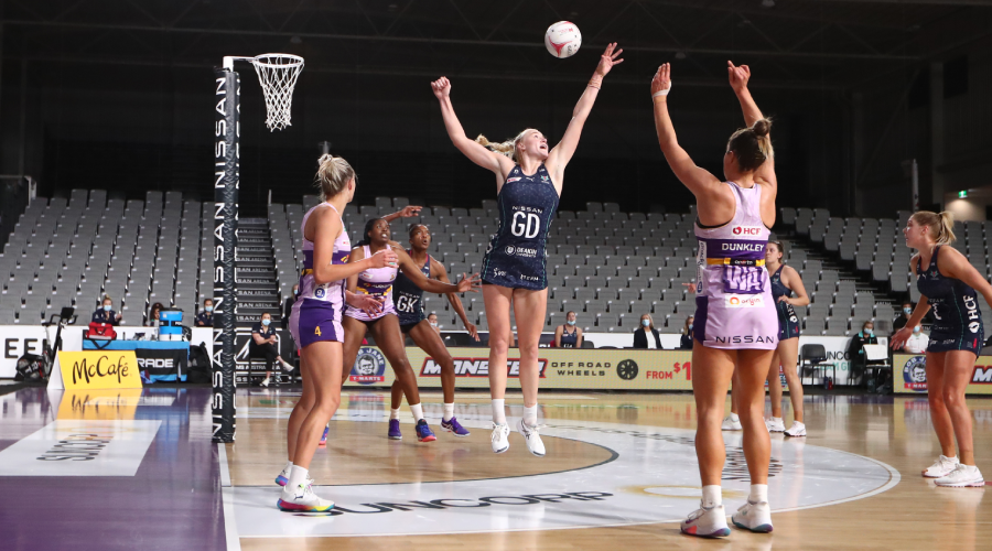 General view of the action during the Round 14 Super Netball match between the Melbourne Vixens and Queensland Firebirds, at Nissan Arena, Brisbane, Wednesday, August 4, 2021.