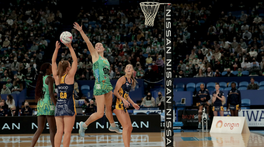 Courtney Bruce of the Fever defends against Steph Wood of the Lightning during the Super Netball Round 10 match between West Coast Fever and Sunshine Coast Lightning at RAC Arena in Perth, Saturday, July 10, 2021. 