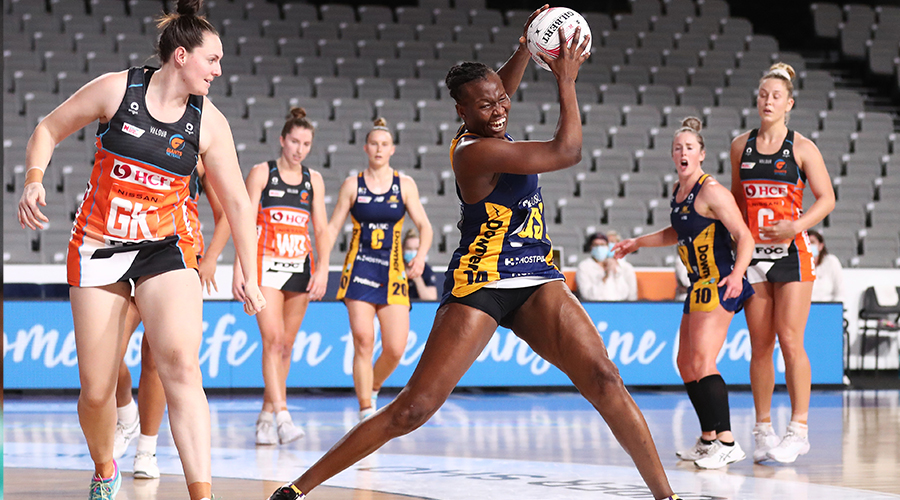 Peace Proscovia of the Lightning in action during the Round 13 Super Netball match between the Sunshine Coast Lightning and GWS Giants, at Nissan Arena, Brisbane, Tuesday, August 3, 2021.