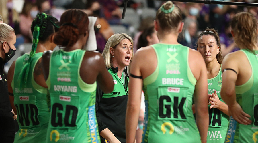 Fever Coach Stacey Marinkovich during the Round 12 Super Netball match between the West Coast Fever and Queensland Firebirds at Nissan Arena, Brisbane, Tuesday, July 27, 2021.