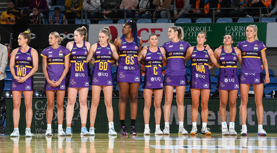 he Firebirds stand during the welcome to country ahead of the Round 3 Super Netball match between the GWS Giants and the Queensland Firebirds at Ken Rosewall Arena in Sydney, Sunday, May 16, 2021. 