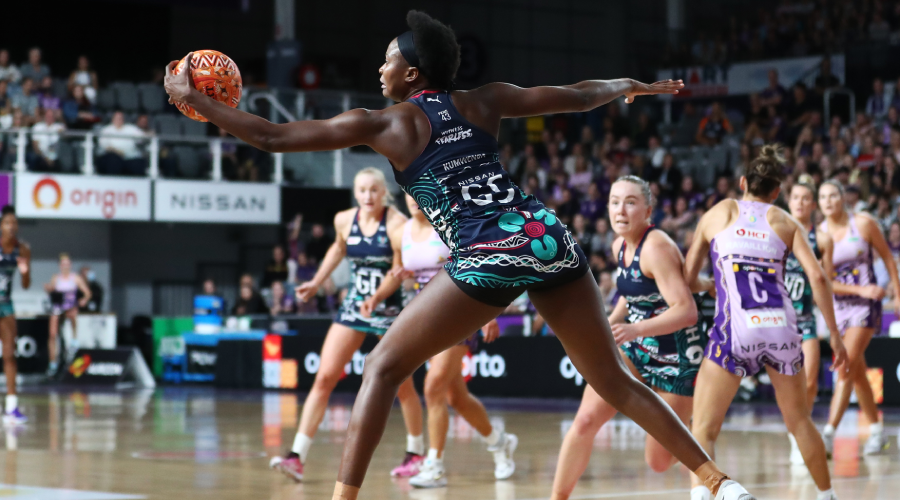 Mwai Kumwenda of the Vixens in action during the Round 5 Super Netball match between the Queensland Firebirds and the Melbourne Vixens at Nissan Arena in Brisbane, Saturday , May 29 , 2021 .