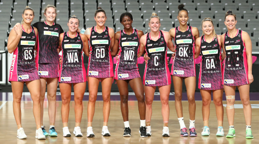 Thunderbirds players pose fora photo during the Round 14 Super Netball match between the NSW Swifts and Adelaide Thunderbirds, at Nissan Arena, Brisbane, Wednesday, August 4, 2021. 