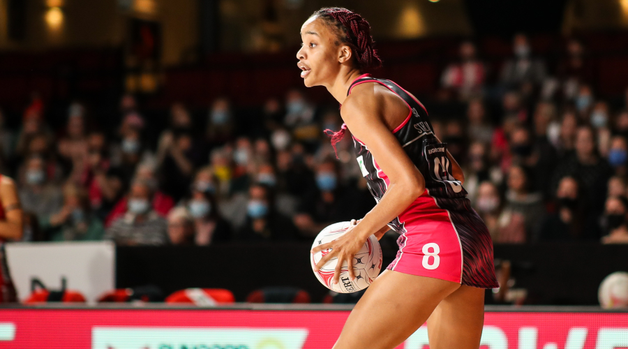 Shamera Sterling of the Thunderbirds during the Round 7 Super Netball match between Adelaide Thunderbirds and NSW Swifts at Adelaide Entertainment Centre in Adelaide, Saturday, June 12, 2021.