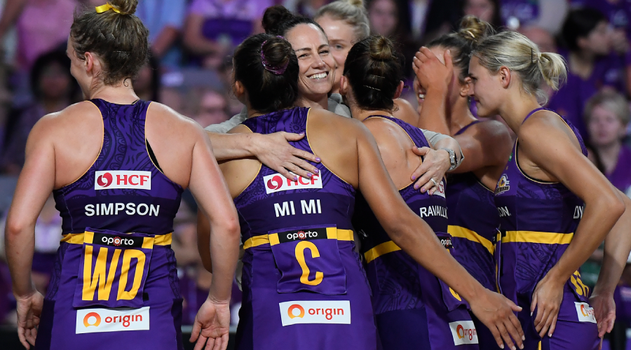 Queensland Firebirds coach Megan Anderson celebrates with players after her team’s victory during the Round 2 Super Netball match between the Queensland Firebirds and Adelaide Thunderbirds at Nissan Arena in Brisbane, Sunday, May 9, 2021.