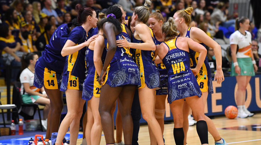 Lightning players are seen in a huddle during the Round 6 Super Netball match between the Sunshine Coast Lightning and Queensland Firebirds at USC Stadium on the Sunshine Coast, Sunday, June 6, 2021. 