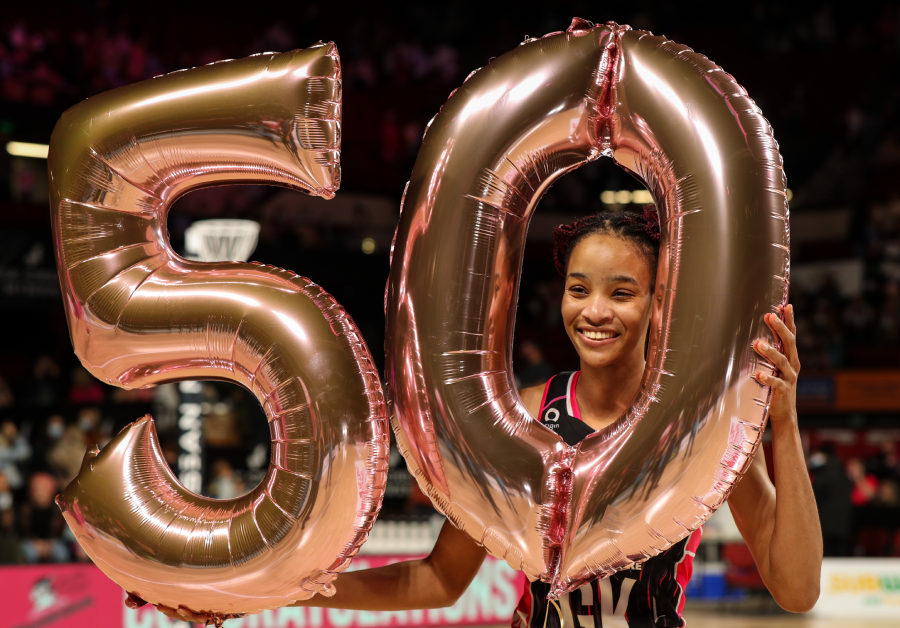 Shamera Sterling of the Thunderbirds celebrates her 50th game and victory in the Round 7 Super Netball match between Adelaide Thunderbirds and NSW Swifts at Adelaide Entertainment Centre in Adelaide, Saturday, June 12, 2021. 