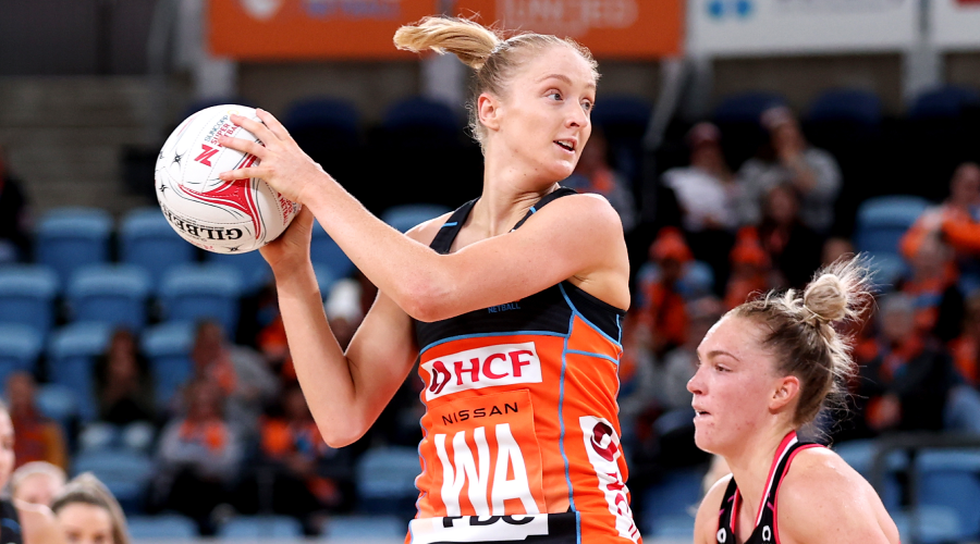 Maddie Hay of the Giants receives a pass during the Round 8 Super Netball match between the GWS Giants and Adelaide Thunderbirds at Ken Rosewall Arena in Sydney, Sunday, June 20, 2021.