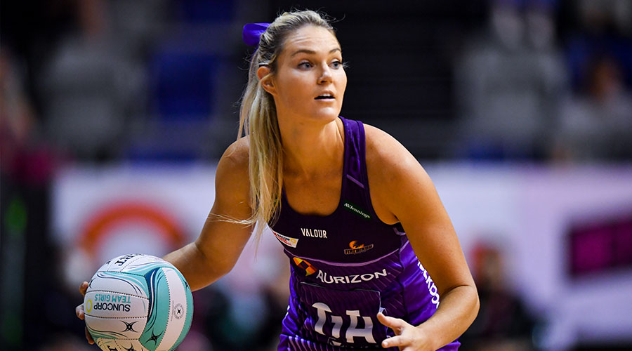 Firebirds Gretel Bueta in action during the Super Netball: Team Girls Cup match between Queensland Firebirds and Collingwood Magpies at Parkville Stadium in Melbourne, Sunday, February 27, 2022. 