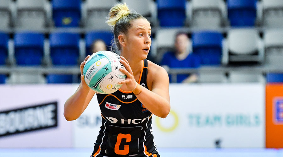 Giants Jamie-Lee Price in action during the Super Netball: Team Girls Cup match between NSW Swifts and GIANTS Netball at Parkville Stadium in Melbourne, Sunday, February 27, 2022.