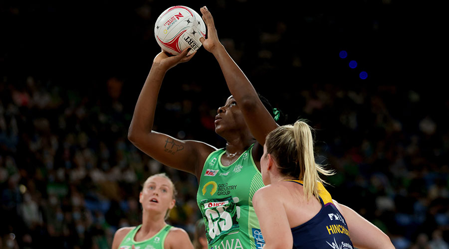 Jhaniele Fowler of the Fever prepares to shoot during the Round 1 Super Netball match between the West Coast Fever and Sunshine Coast Lightning at RAC Arena, Perth, Sunday, March 27, 2022. 