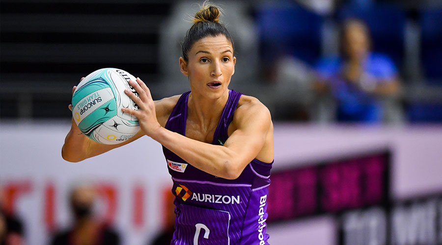 Firebirds Kim Ravaillion in action during the Super Netball: Team Girls Cup match between Queensland Firebirds and Collingwood Magpies at Parkville Stadium in Melbourne, Sunday, February 27, 2022. 