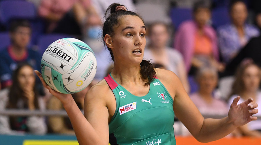 Vixens Rahni Samason in action during the match between the Melbourne Vixens and the NSW Swifts on Day 2 of the Super Netball: Team Girls Cup at Parkville Stadium, in Melbourne, Saturday, February 26, 2022. 