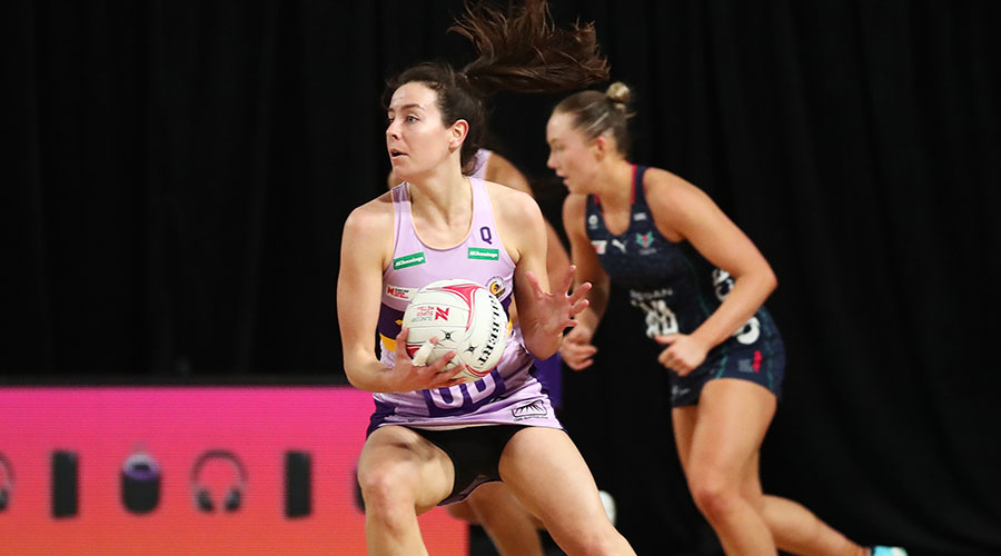 Ruby Bakewell-Doran of the Firebirds in action during the Round 14 Super Netball match between the Melbourne Vixens and Queensland Firebirds, at Nissan Arena, Brisbane, Wednesday, August 4, 2021.
