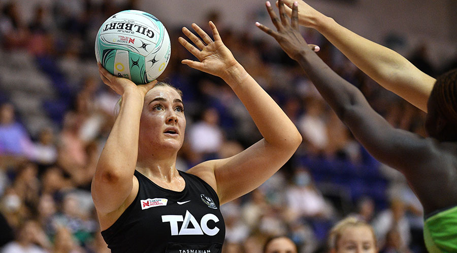 Magpies Sophie Garbin in action during the match between the Collingwood Magpies and the West Coast Fever on Day 2 of the Super Netball: Team Girls Cup at Parkville Stadium, in Melbourne, Saturday, February 26, 2022.