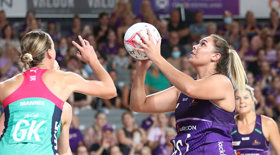 Donnell Wallam of the Firebirds in action during the Round 1 Super Netball match between the Queensland Firebirds and Melbourne Vixens at Nissan Arena, Brisbane, Sunday, March 27, 2022.