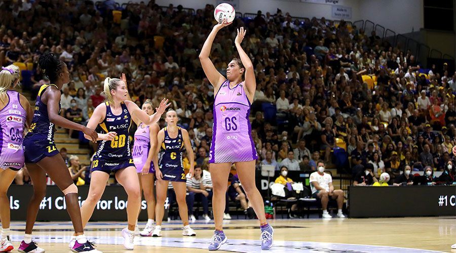 Donnell Wallam of the Firebirds shoots the ball during the Super Netball Round 2 match between Sunshine Coast Lightning and Queensland Firebirds at USC Stadium on the Sunshine Coast, Saturday, April 2, 2022.